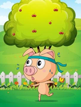 A pig exercising near the tree Stock Illustration