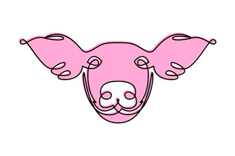 Pig Face. Linear line style. Endless line. Pink background outline. Logo, sign Stock Illustration