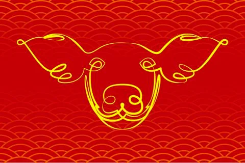 Pig Face. Linear line style. Endless line. Yellow and red. Logo, sign, icon.  Stock Illustration