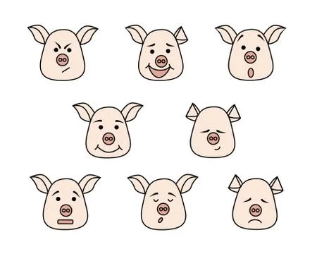 Pig head with different emotions, meme, icon. Single, vector images. Black ou Illustrazione stock