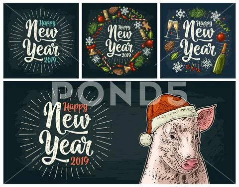 Pig head in Santa Claus hat. Vector color vintage engraving Stock Illustration