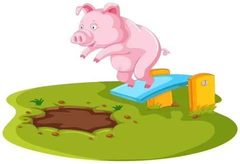 Pig jumping in muddy puddle Stock Illustration