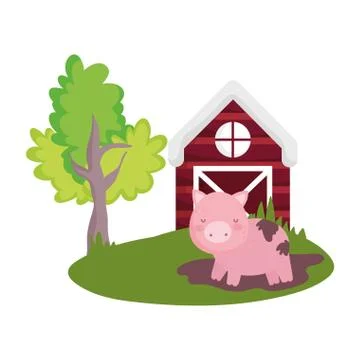 Pig in mud grass farm barn tree animal isolated icon on white background Stock Illustration