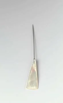 Pig pin with flat elongated triangular bud of mother-of-pearl on a steel p... Stock Photos