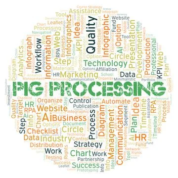Pig Processing typography word cloud create with the text only. Illustrazione stock