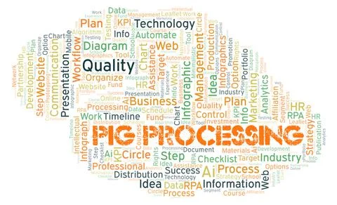 Pig Processing typography word cloud create with the text only. Illustrazione stock