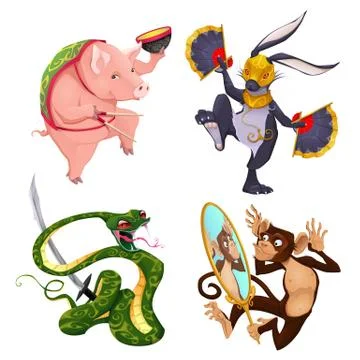 Pig, rabbit, snake and monkey. Stock Illustration