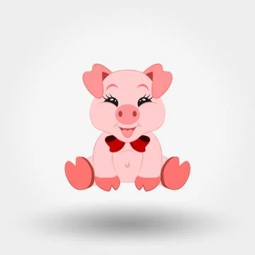 Pig with red bow. Icon. Vector illustration. Flat design Stock Illustration