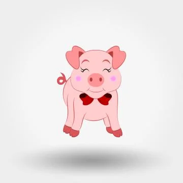 Pig with red bow. Icon. Vector illustration. Flat design Illustrazione stock