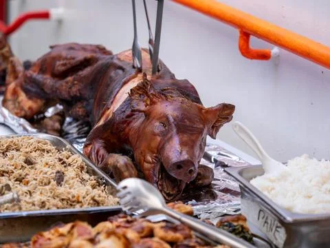 Pig roasted on a barbecue spit Foto stock