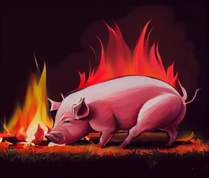 The pig is roasted on fire. A whole pig dish. Stock Illustration