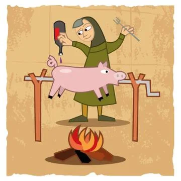Pig Roasting over a Fire Stock Illustration