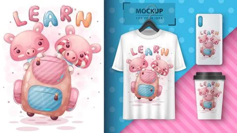 Pig with school back poster and merchandising. Stock Illustration