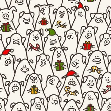 Pig seamless pattern. Funny pigs with candy canes, gifts and santa hats Stock Illustration