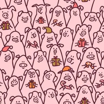 Pig seamless pattern. Funny pigs with candy canes, gifts and santa hats Stock Illustration