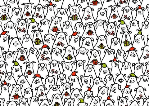 Pig seamless pattern. Funny pigs with candy canes, gifts and santa hats Stock Illustration