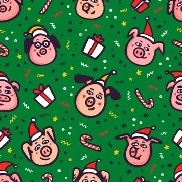 Pig seamless pattern. Funny pigs with candy canes, gifts and santa hats Illustrazione stock