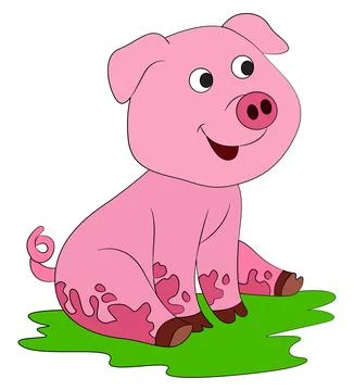 A pig sitting on the grass is smiling Stock Illustration