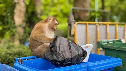 A pig-tailed macaque rummages through a trash container in search of food. Stock Photos