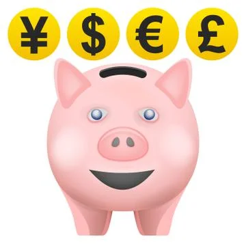 Pig treassure in front view with currency coins vector isolated illustration Ilustración de archivo