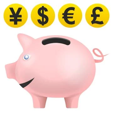 Pig treassure in side view with currency coins vector isolated Ilustración de archivo