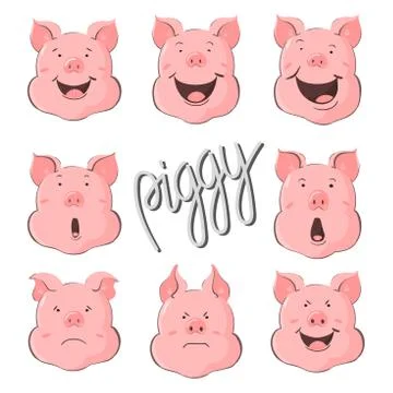 Pig vector character constructor of emotions. Portrait of a pig set. Piglet head Stock Illustration