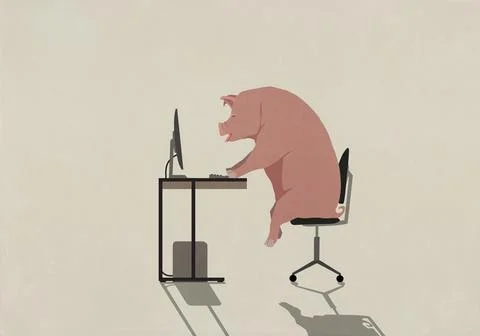 Pig working at computer in office Stock Illustration
