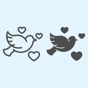 Pigeon line and solid icon. Romantic dove bird with hearts. Wedding asset vector Stock Illustration