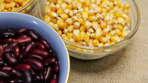 Pigeon or dry yellow split peas, lentils, and mung beans rotate close-up Stock Footage 283572739