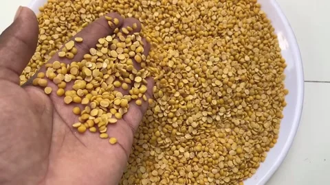 Pigeon Pea Dal Falling from Hand in Slow Motion | Toor Dal Close-Up Stockbeeldmateriaal 318729028