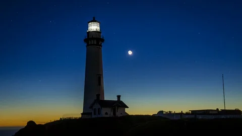 Pigeon Point Lighthouse Sunset Timelapse with Crescent Moon and Venus Setting Stock Footage 128973951