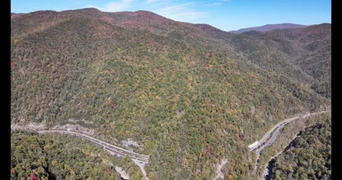 Pigeon River Gorge Harmon Den I40 Buzzards Roost Land Tunnel aerial 4K drone Stock Footage 322028150