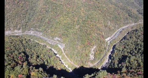 Pigeon River Gorge Harmon Den I40 Buzzards Roost Land Tunnel aerial 4K drone Stock Footage 322028183