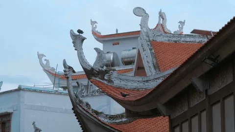 A pigeon is sitting on the edge of multi-tiered roofs of the Vinh Nghiem Pagoda  Stock-Footage 330894044