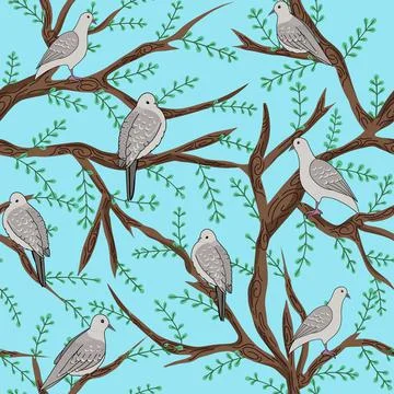 Pigeons and branches seamless pattern design background Stock Illustration