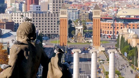 Pigeons flock and sit down on the statue. Barcelona, Spain. An ordinary sunny Stock Footage 101068811