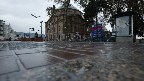 Pigeons fly in front of Emir Sultan Mosque, low angle, Bursa, Turkey Stock Footage 119908230