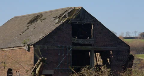 Pigeons flying into a Derelict brick barn at the Bettisfield Colliery park. Stock Footage 344245034