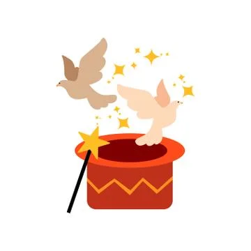 Pigeons Flying Out From Magic Hat, Cute Funny Animal Performing in Circus Show Stock Illustration