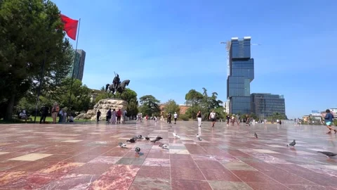 Pigeons at Skanderbeg Square, Static Daytime View, Tirana, Albania 2026/09/24 Stock Footage 346335750