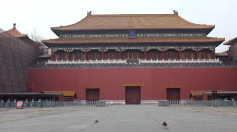 Pigeons walk in front of the Wumen Gate of Forbidden City Stock Footage 41302038