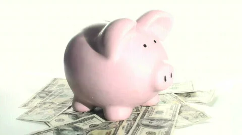 Piggy bank on cash rotating V2 - HD Stock Footage