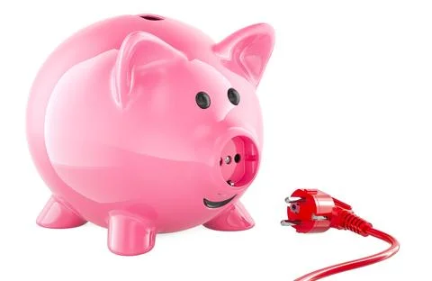 Piggy bank with electrical socket and power plug. Saving energy consumption.. Stock Illustration