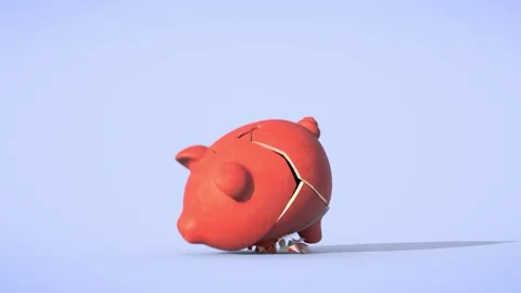 Piggy bank falling and being destroyed in slow motion. 3D Animation. Stock Footage 131670053