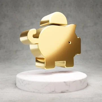 Piggy Bank icon. Shiny golden Piggy Bank symbol on white marble podium. Stock Illustration