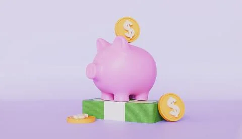 Piggy bank icon sitting on a stack of bills with dollar coin savings concept Stock Illustration
