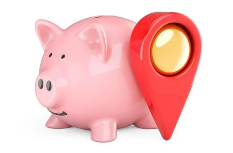 Piggy bank with map pointer. 3D rendering 库存插图