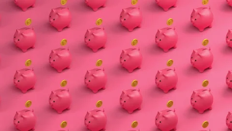 Piggy Bank pattern 3d render animation. Isometric Piggy banks Backdrop Loop. Stock Footage 296011214
