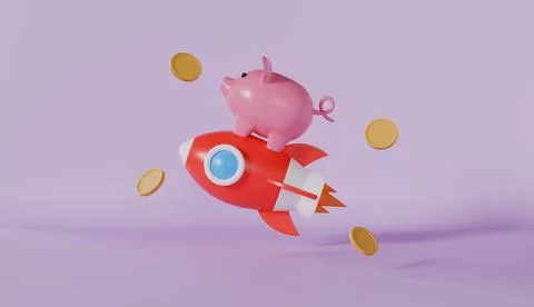 Piggy bank on the rocket with scattered gold coins in the pink background Illustrazione stock