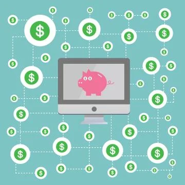 Piggy bank saving  in computer Illustrazione stock